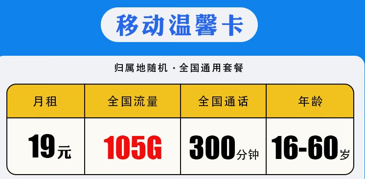 銀川移動(dòng)溫馨卡 月租19元包含105G全國(guó)流量300分鐘國(guó)內(nèi)通話(huà) 可加送副卡