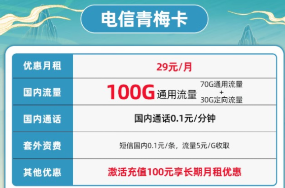 寧夏電信青梅卡29元享70G通用+30G定向APP流量 長期套餐