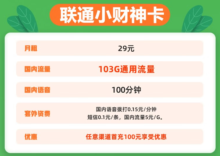 中國聯(lián)通校園卡 聯(lián)通小財神卡29元103G通用流量+100分鐘 全國通用高速流量不限速