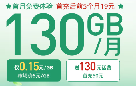 中國電信 19元大流量卡 內含180話費 每月130G流量 套餐20年有效 首月免費體驗