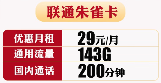 【官方發(fā)貨】聯(lián)通朱雀卡 可自行激活選號(hào) 29包143G通用+200分鐘通話