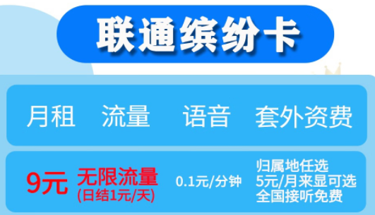 月租不超10元【聯(lián)通繽紛、落櫻卡】月租9元享無限流量（日結(jié)1元/天）歸屬地任選