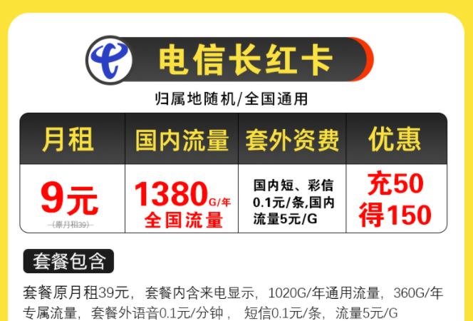 電信超值優(yōu)惠套餐有哪些？電信長紅卡，月租9元包含125G全國流量/月不限速手機(jī)上網(wǎng)卡