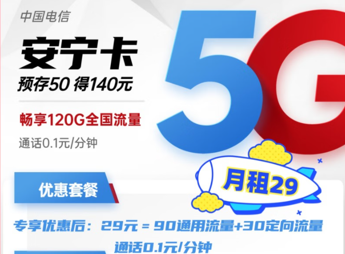 電信安寧卡29元月租包含90G通用+30G定向流量 預(yù)存50得140，更多好卡等你發(fā)現(xiàn)