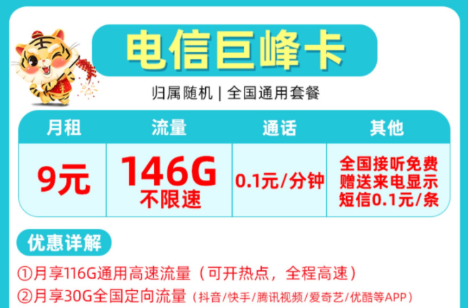 非常受歡迎的流量卡套餐有哪些？電信巨峰卡9元包含146G全國(guó)來了不限速+首月免費(fèi)