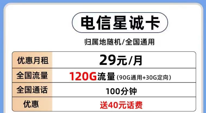 電信有那些好用的流量卡套餐推薦？電信星誠卡29元120G全國流量+首月0月租