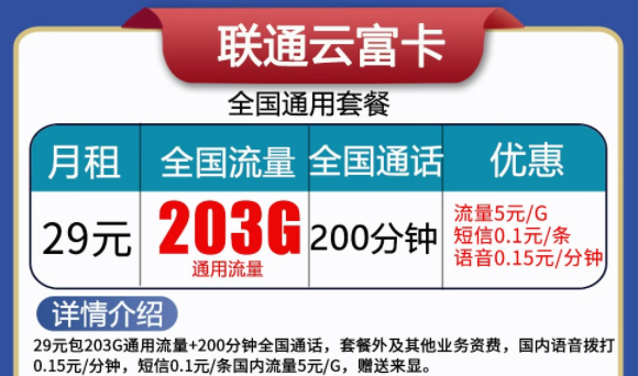 聯(lián)通云富卡29元203G流量+200分語音、天啟卡9元100G流量|純通用流量卡|無合約不虛量