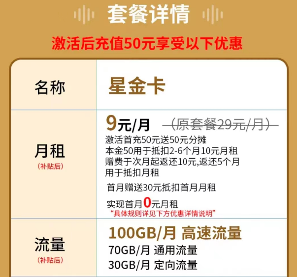 電信流量卡優(yōu)惠力度大不大？|電信星金卡月租9元包含100G全國(guó)流量+首月免租