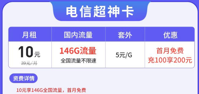 電信有沒有月租很低但流量很多的套餐？電信超神卡10元146G|湘神卡29元125G+100分