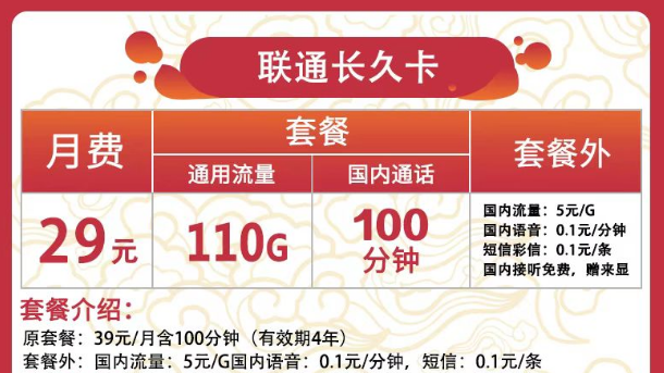 聯(lián)通有哪些實(shí)惠又好用的流量卡？聯(lián)通長久卡29元110G通用+100分鐘語音|可用于副卡