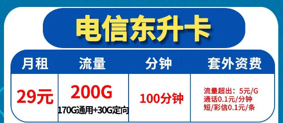 靠譜的電信流量卡推薦|電信東升卡29元200G全國流量+100分鐘通話|最優(yōu)優(yōu)惠期=協(xié)議期