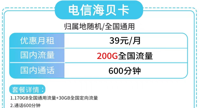 電信海貝卡、電信草莓卡|大流量200G、180G|更多優(yōu)惠套餐包郵到家