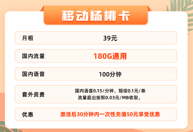 超值福利嗨翻天！超低月租大流量|移動楊桃卡+19元移動本地卡