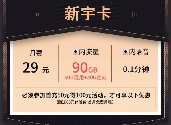 聯(lián)通新宇卡|29元月租=60G通用+30G定向+首免|免費(fèi)申請！